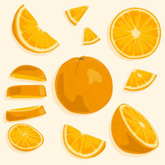 Icon set of orange whole and cut into slices. Vector icons. Sweet bright fruits. Natural ingredients.