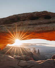 View through Natural Arch, Mesa Arch, Sunrise, Grand View Point Road, Island in the Sky, Canyonlands National Park, Moab, Utah, USA, North America