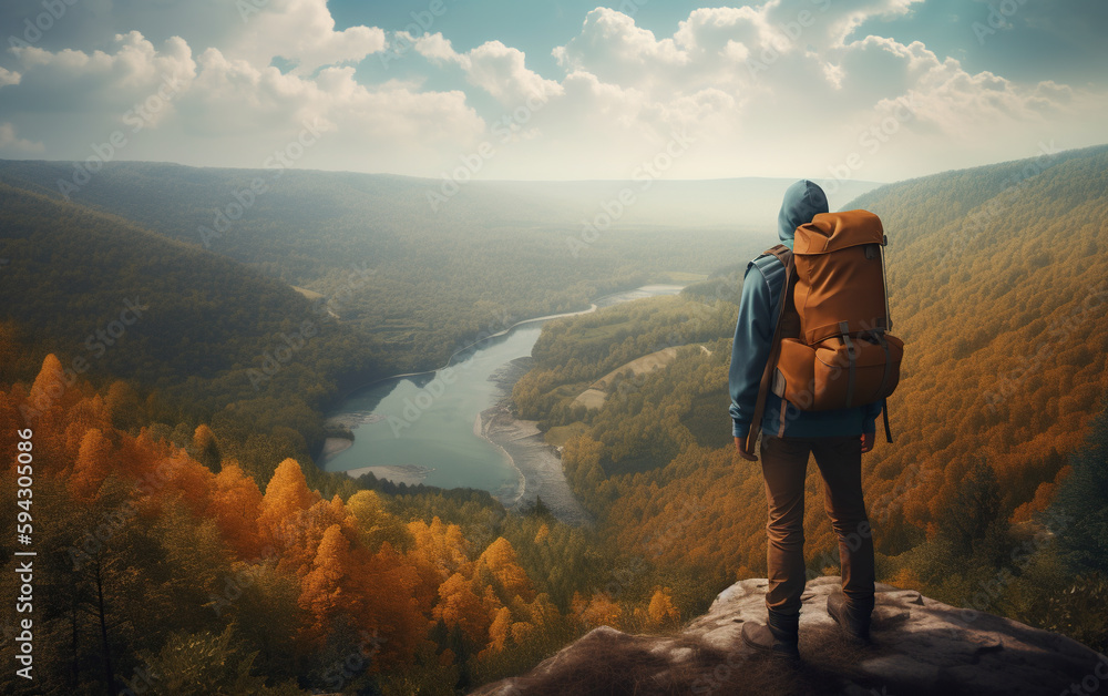 Poster hiker with a backpack standing on the edge of a cliff and looking at the river. generative ai
