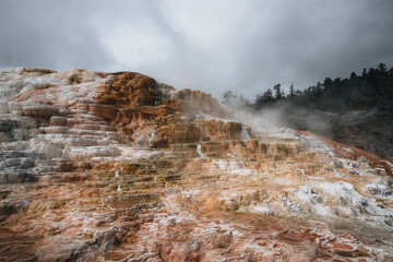 Sideways view of Canary Spring and terraces in the Mammoth Hot Spring area of Yellowstone National Park, wyoming, Usa.