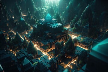 A Futuristic City With A Green Light Shining On It's Roof Temple Animation Cities Generative AI