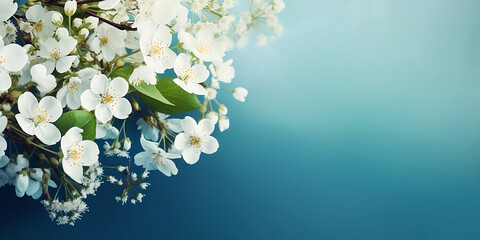 Spring flower border on background, white spring blossom generated by AI.