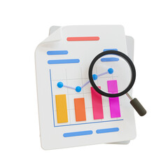 3d minimal data analysis. business planning. data visualization. statistic paper with bar graph and magnifying glass. 3d illustration.