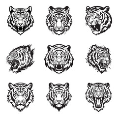 Vector set of tiger logos, face for logos, emblems, badges and labels. Isolated on white background
