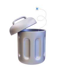 3d minimal empty trash can. silver metal trash can with a fly. 3d illustration.