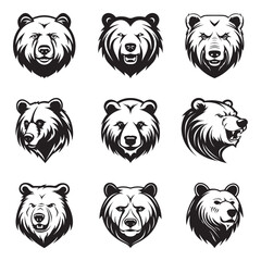 Bear head logo, silhouette set, black icon, mascot, bear silhouette, animals vector illustration