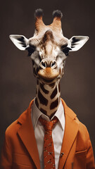 Giraffe head in orange jacket and tie on dark background. Business concept. Fashionable animals. 3d illustration