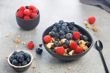 Bowl of dry granola with berries on a gray table