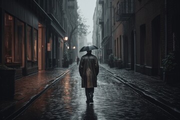 Image of a person from the back walking down a wet city street on a grey, rainy day, capturing the mood and ambiance of a gloomy day - Generative AI