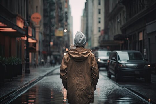 Image of a person from the back walking down a wet city street on a grey, rainy day, capturing the mood and ambiance of a gloomy day - Generative AI