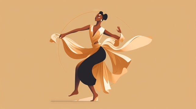 A digital illustration of an African American woman dancing on simple background. Generative AI.