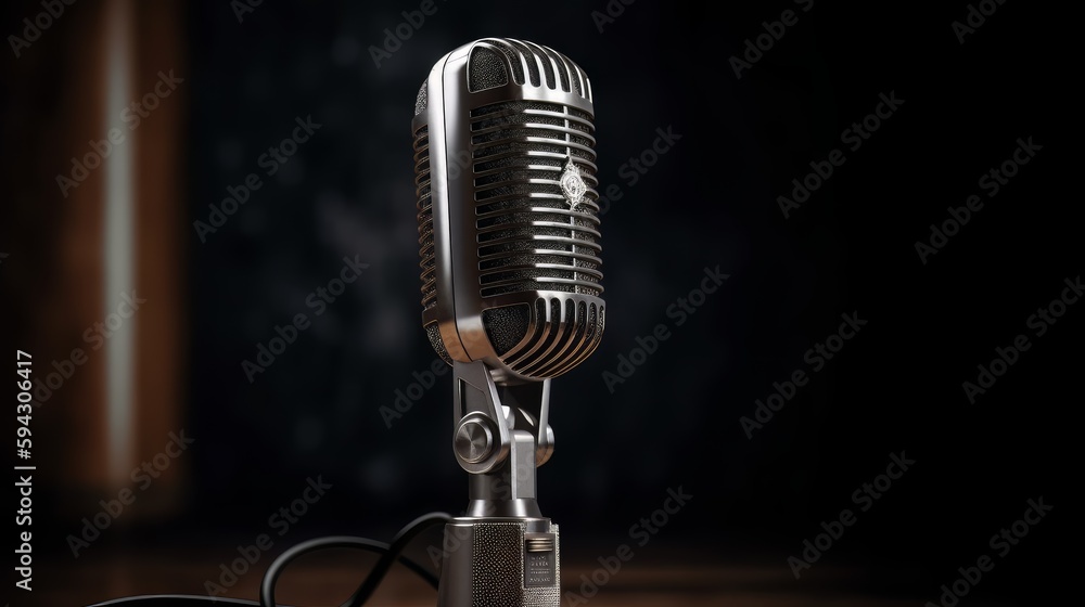 Poster an old fashioned microphone on a stand against a black background. generative ai