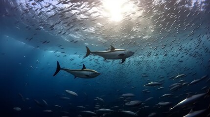 Striped marlin and sea lion hunting in sardine bait ball in pacific ocean. Generative ai