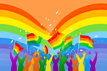 Pride festival with people celebrating and fighting for LGBT rights with rainbow colors flags. Demonstration for gay, lesbian, transgender. Cartoon style with multicolored background. Generative AI.