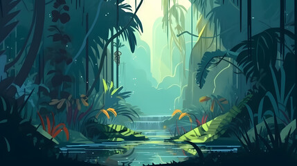 Obraz premium Enchanted Canopy: Journey Through a Majestic Fantasy Jungle Landscape in Flat Design, AI Generative