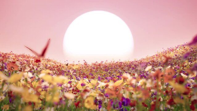 Colorful Springtime Garden - Flowers and Playful Butterflies - 4K Animation