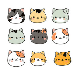 Cat Faces - collection of cute, funny and kawaii cartoon style cats isolated hand drawn illustrations for baby shower, birthday invitation and nursery baby decor