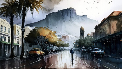 panorama of the town Under the rain - Watercolor drawing
