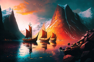 viking boats on the sea - obrazy, fototapety, plakaty