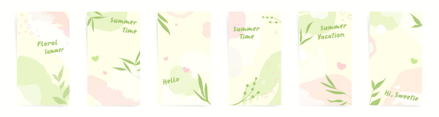 Summer backgrounds set. Floral story or poster cover design in pastel nature colors. Palm tree, green leaves, abstract shapes.
