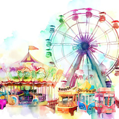Fototapeta na wymiar mix of ferris wheel and merry-go-round,illustration style with Generative AI.