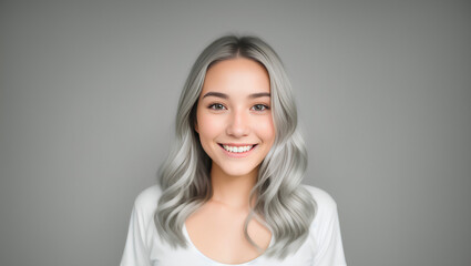 Fototapeta premium Portrait of happy girl with silver hair on isolated background. Generative AI.