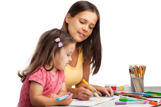 Happy mother and daughter painting