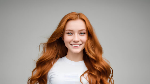 Smiling teenage female with long, red and healthy hair. Isolated background with copy space. Generative AI.