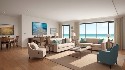 Naklejka na ściany i meble Living room with a view of the ocean, generative ai