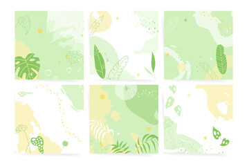 Summer square background template set. Floral juicy nature, exotic leaves for square post, book cover, flyer, banner, square background. Minimal seasonal floral social media design.