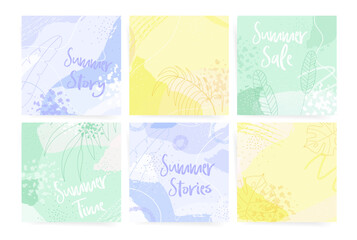 Set of square banners design templates. Abstract summer backgrounds with copy space for text. Vector tropical floral silhouette.