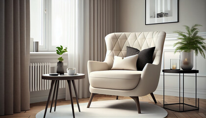 Fototapeta premium Modern interior design armchair sofa in living room with near windows and mock up poster frame in wall at home, Neutral living room, empty nobody, 3D render by Generative AI