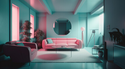 Modern living room with pastel colour. Generative AI.