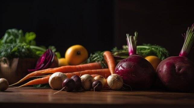Big group of different vegetables on wooden table and black background. Healthy organic food with copy space. AI generative image.