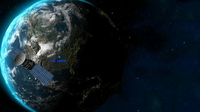 Background with St. Louis location, Earth, satellite, stars, meteorites. Intro, 3D Render
