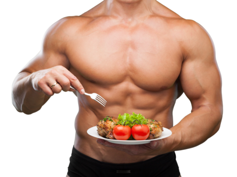 A young man muscular holds meat, diet healthy concept