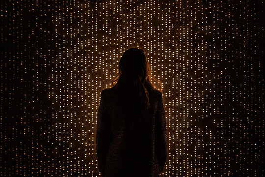 Generative AI illustration of back view of unrecognizable female with long brown hair standing near illuminated wall in futuristic space