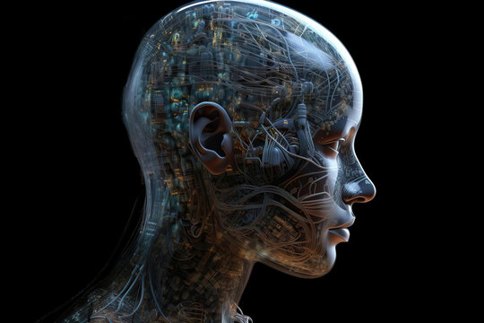 AI generated illustration of side view of hairless female robot with chaotic wires in transparent head looking away against black background