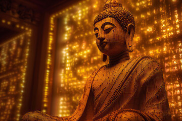 Generative AI illustration of meditating Buddha sculpture with closed eyes against golden illuminated wall with Chinese words