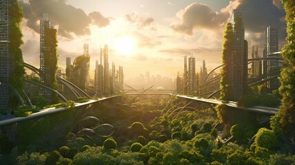 Plakat The green future city. The future city. city and nature living in harmony. In the major city, it is sunny. The AI Generative