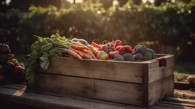 caisse en bois contenant des l&eacute;gumes qui viennent d'&ecirc;tre r&eacute;colt&eacute;s dans un jardin potager