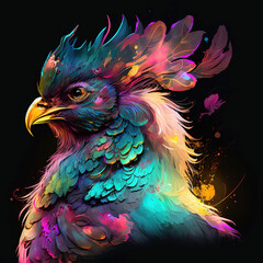 rooster on black background - Colored drawing