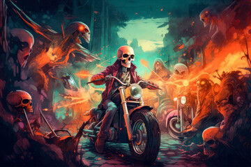 Plakat Stylish Skeleton Biker Riding Motorcycle in an Apocalyptic World of Cool Skeletons. Rock Metal music inspired dark fantasy illustration. Perfect for Halloween or Edgy Designs - Generative AI