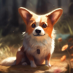 Portrait of charming Welsh Corgi Pembroke dog with sweet expression. Adorable and lovable.Cute Dog. Loyal and faithful companion. Digital painting