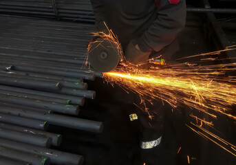 Cutting metal with a grinder. Work in the factory - cutting a square. Metallurgy. Work at a foundry...