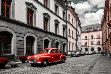 Fototapeta na wymiar Retro Bild mit Colorkey-Effekt: Schwarz weiß Foto einer Altstadt mit roten retro Roller - Generative Ai