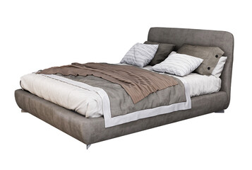 Fototapeta premium 3d Furniture modern Bed king size with fabric upholstered headboard, isolated on a white background