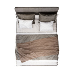 3d Furniture Top view modern Bed king size with fabric upholstered headboard, isolated on a white background