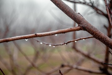 Close-up shot of a tree twig in a wooded area, with several droplets of water on its surface