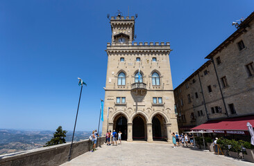 Fototapeta na wymiar SAN MARINO, JULY 5, 2023 - View of Liberty square with the Public Palace and the Statue of Liberty in San Marino, Republic of San Marino, Europe